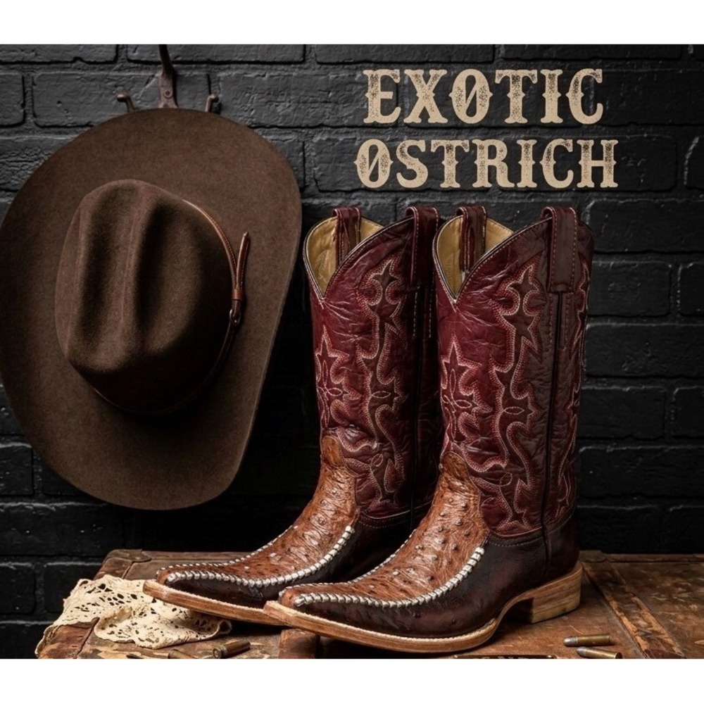 🔥Exotic🚨Ostrich Full Quill 🤑Western Cowboy Boots Snip Toe Size 11.5 Burgundy